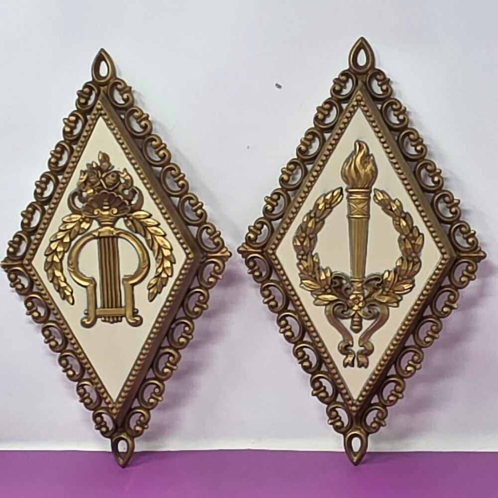 Vintage Homco Wall Plaques 7227 Dart Inc Gold & White Decorative Set Of 2‎ USA